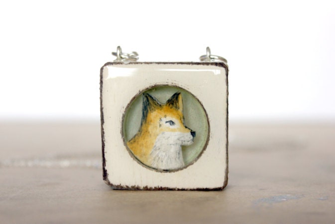 fox necklace in wood necklace- framed fox necklace- hand painted unique fox necklae