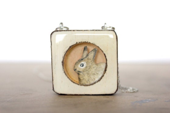 brown rabbit  in wood necklace- framed pink rabbit necklace- hand painted unique rabbit