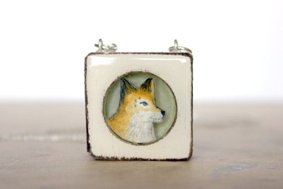 fox necklace in wood necklace- framed fox necklace- hand painted unique fox necklae