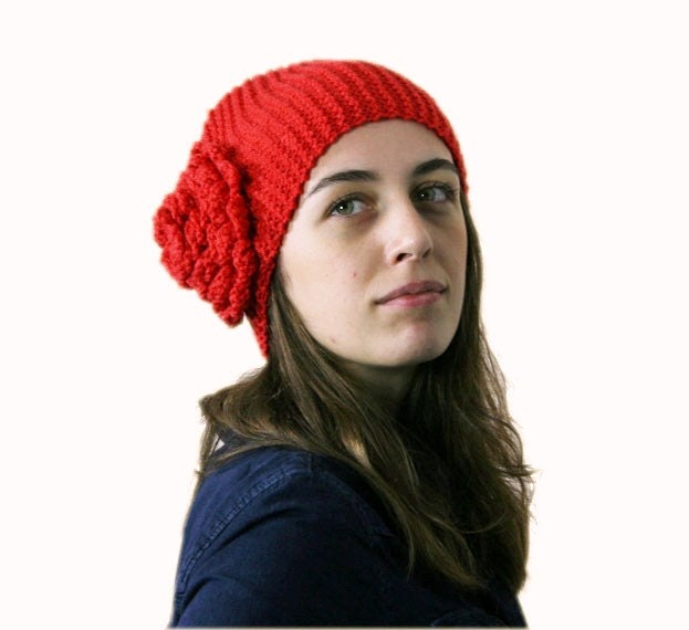 Knit Headband in Red with Flower - Ear Warmer - Neck Warmer - Head Warmer - Fall Winter Fashion - Gift For Her - Women Teens Accessories