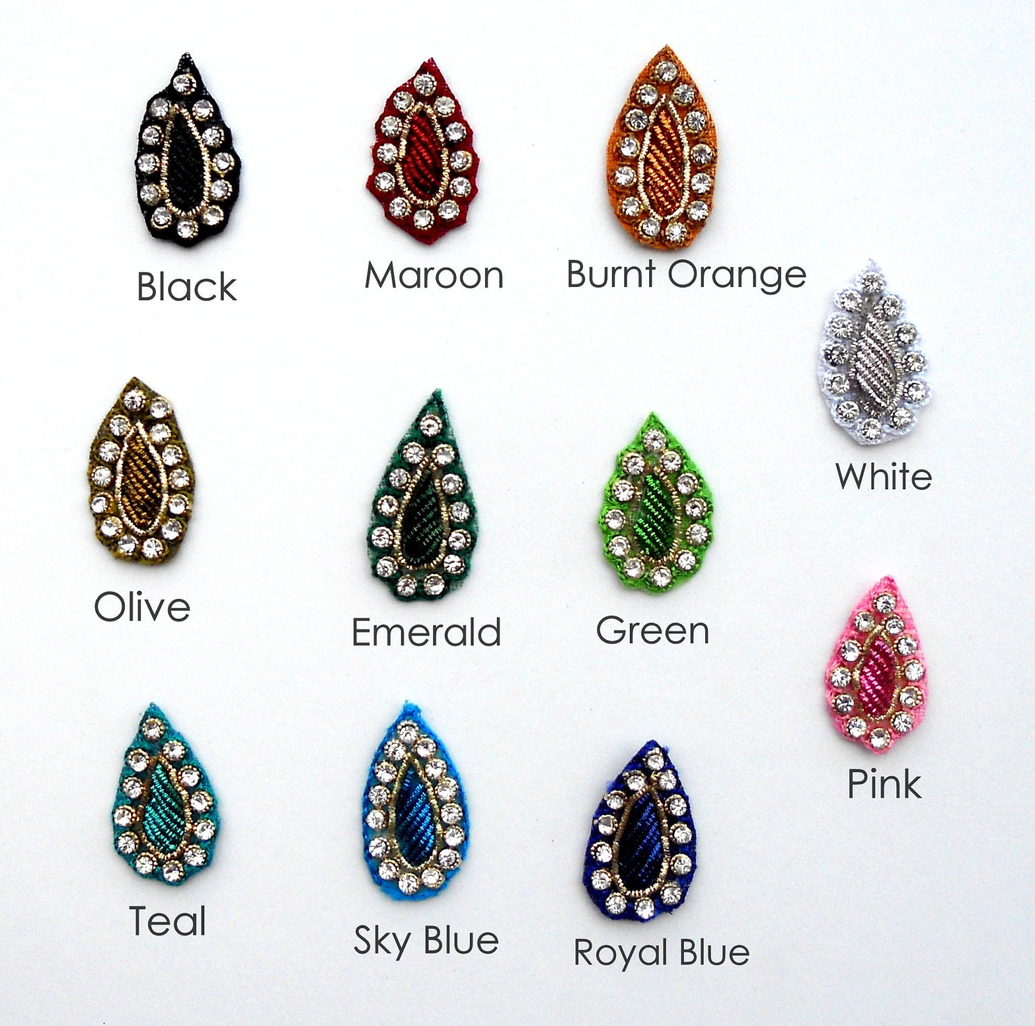 Sale-50% Off-Rhinestone Appliques.Sparkling Teardrop in 11 Gorgeous Bullion colors.Great for making Headbands Barrette