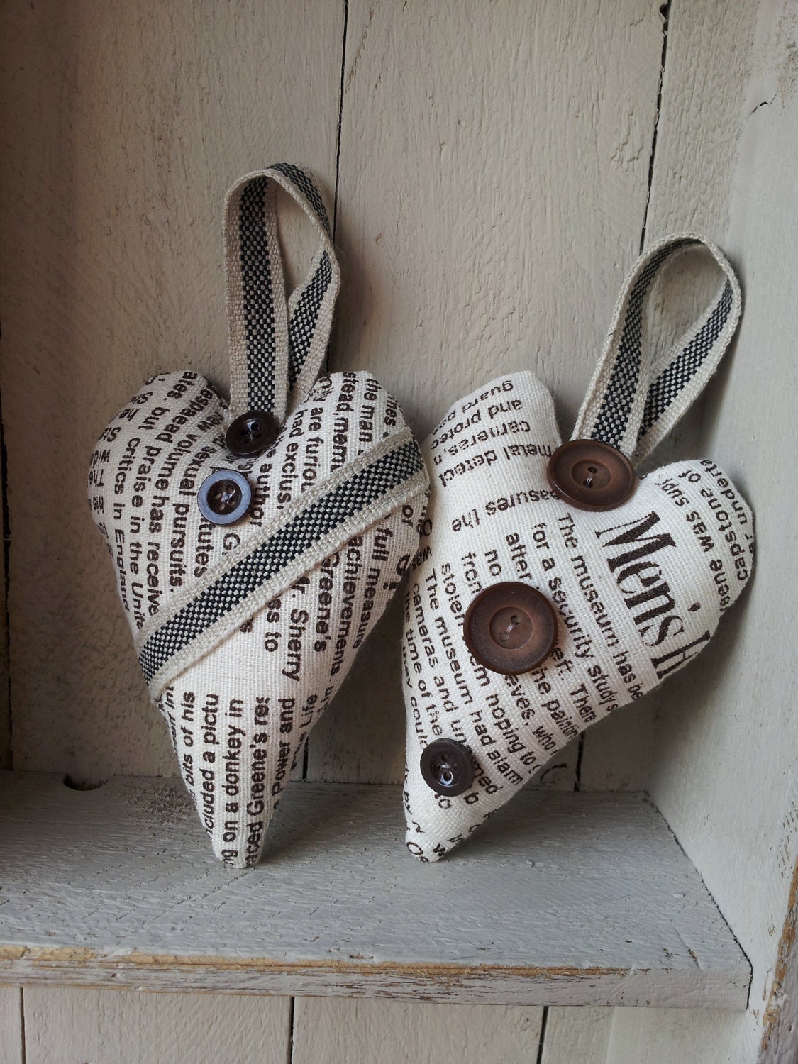 Cute newsprint linen heart duo. 'The Tabloids'