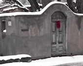Holiday decor, Christmas winter monochrome goth art,  blood red peppers, door photo, New Mexico steel grey, south west adobe cottage 5x7 - BlackCatPhotographs