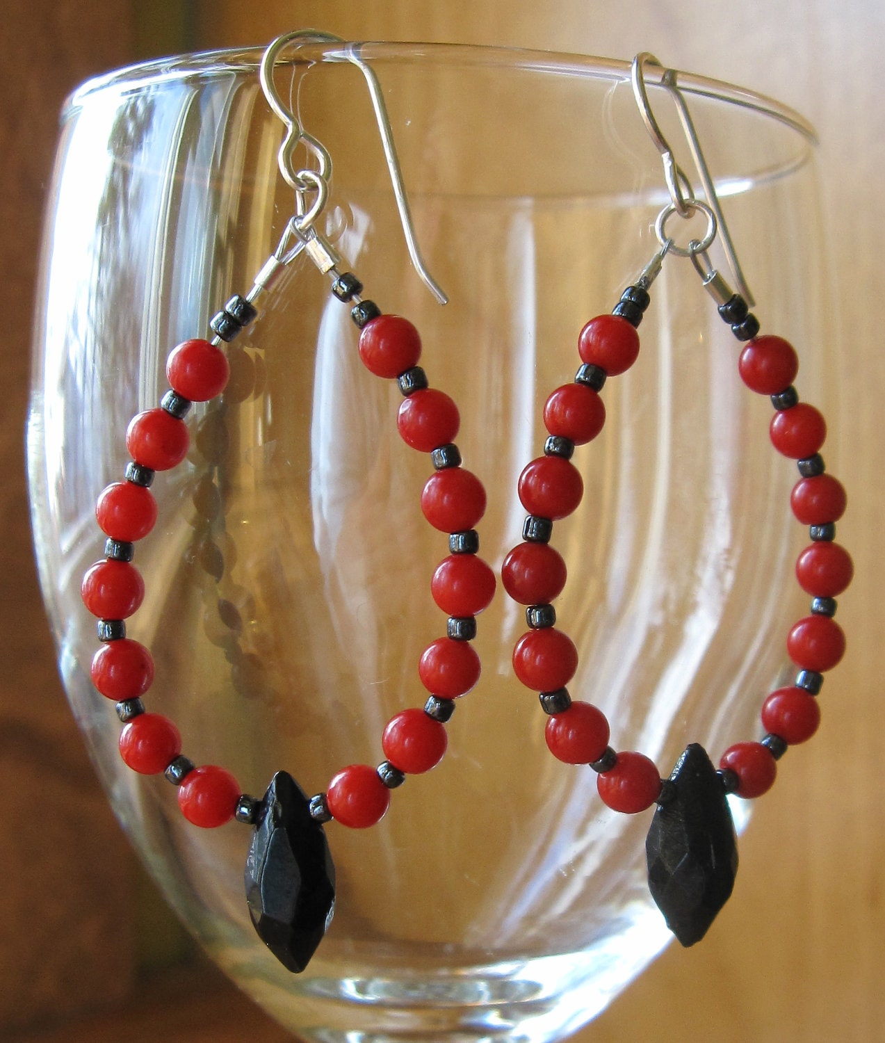 red coral beads, black czech vintage bead, oval shape earrings, sterling wires