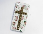 FREE Shipping US -- iPhone 5 White Pink Vintage Flower Rose Brass Dotted Cross Studded Silicone Matte Phone Case AT&T Verizon Tmobile