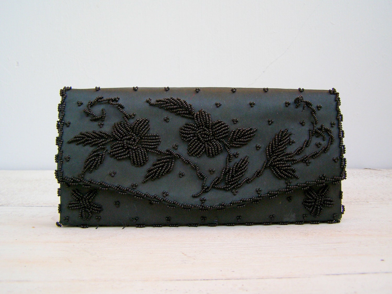Mid century Evening Clutch, Black Satin beaded Purse, Elegant handbag, Christmas gift, glamor women accessory, Mother of the bride