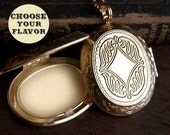 Lip Balm Locket Necklace  - Victorian Gold Brass - Choose Your Flavor - Mint Strawberry Buttercream Honey