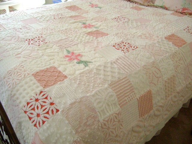 Vintage Chenille Patchwork Quilt - Custom, Made to Order - Queen Size 90" x 90" Multi-Color