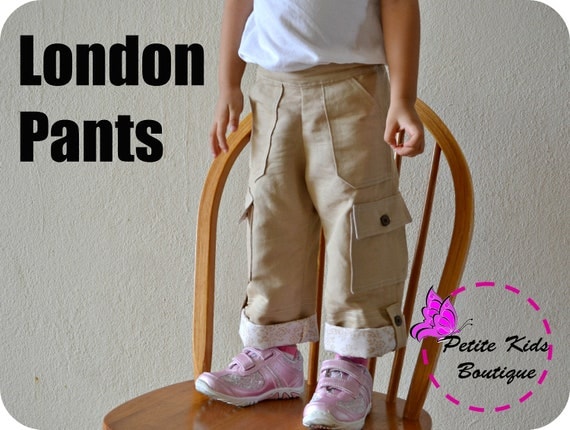 London Pants for Boys and Girls 12M-8Y PDF Pattern & Instructions-Cargo style-Rolled up hem-Flat front with elastic waistline-big pockets