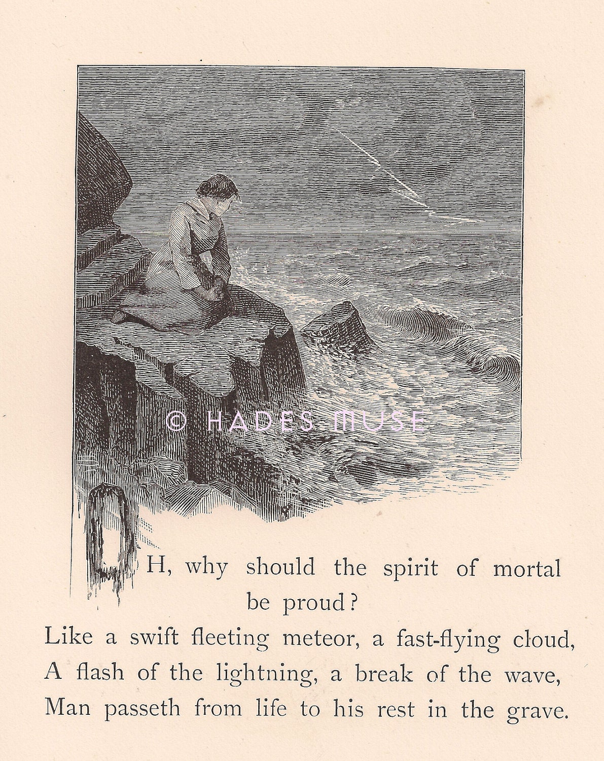 Man Passeth From Life To His Rest In The Grave-Meteor-Victorian-Death Poem-Poetry-1800's Antique Vintage Art Print-Gothic Picture-Hymn