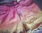Vintage Levi Pink to Yellow Ombre Studded High Waisted Acid Wash Shorts