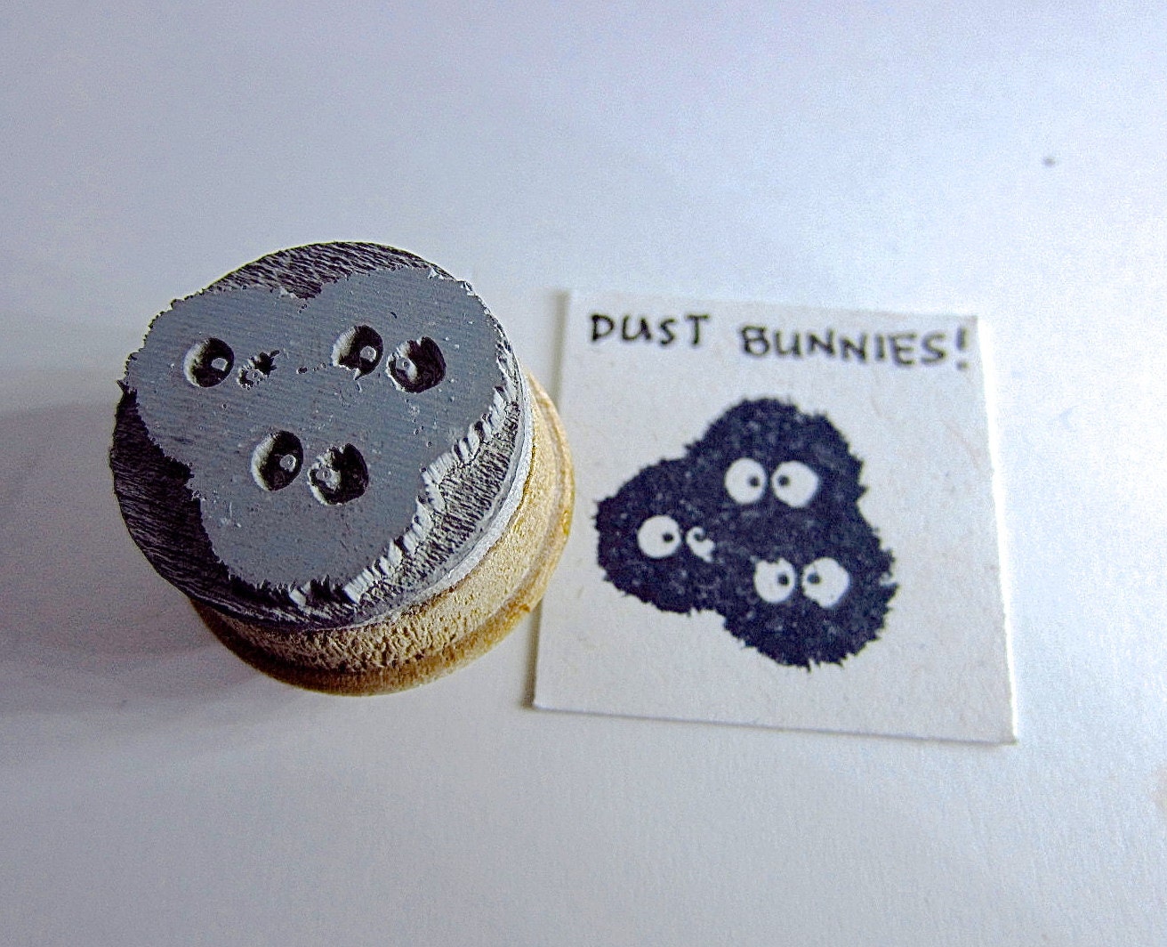 Dust Bunnies - Totoro Inspired dust bunnies Rubber Stamp on Reclaimed Wood Mount Small 0.75"