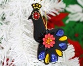 Peacock Christmas Ornament Black Wood Rhinestones