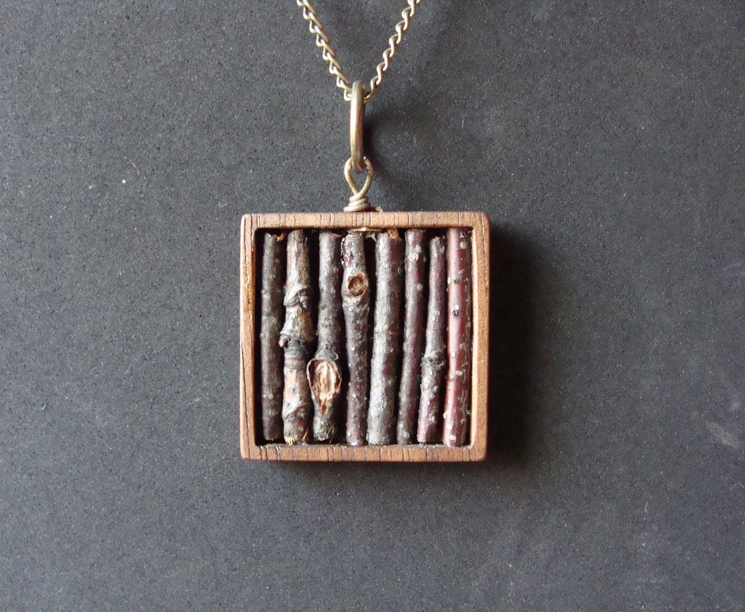 Real Twig Necklace in Genuine Wooden Square Bezel