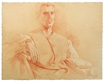 Original Drawing - Captain Figure - Conte Pastel Sanguine on Fabriano Faux Aged Paper - Great gift for art collectors