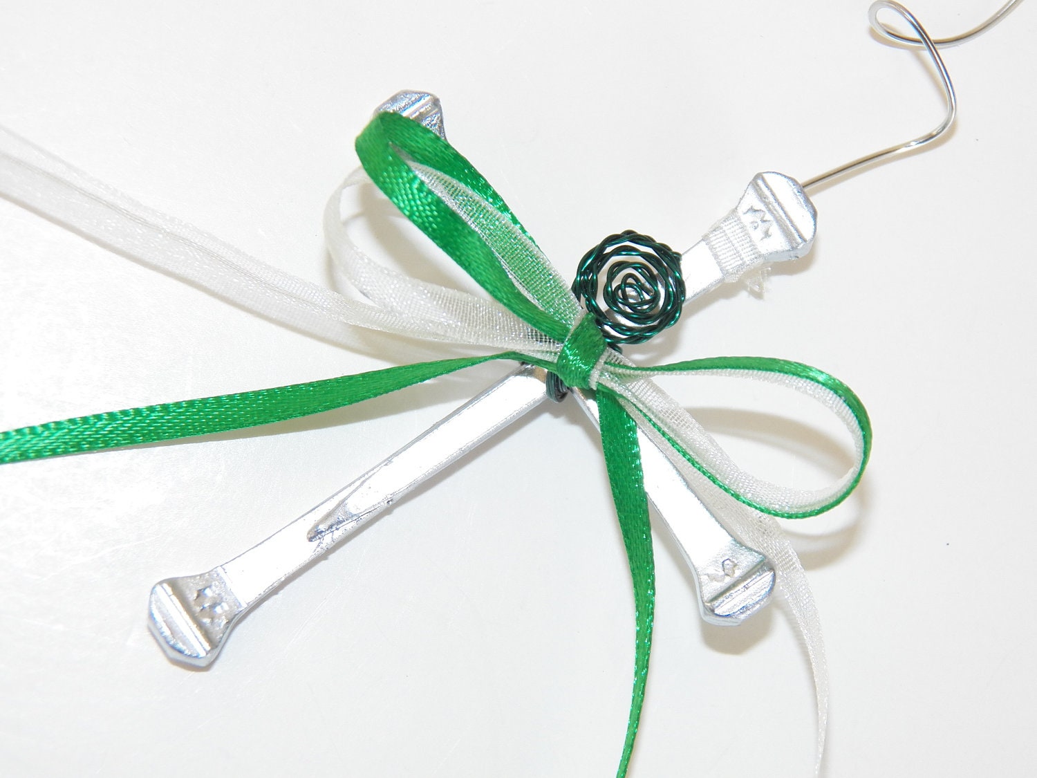 Cross Christmas Ornament Silver Horseshoe Nail Cross Home Decor Wall Hanging Green Wire Wrapped Ribbon Handmade Montana USA Free Shipping