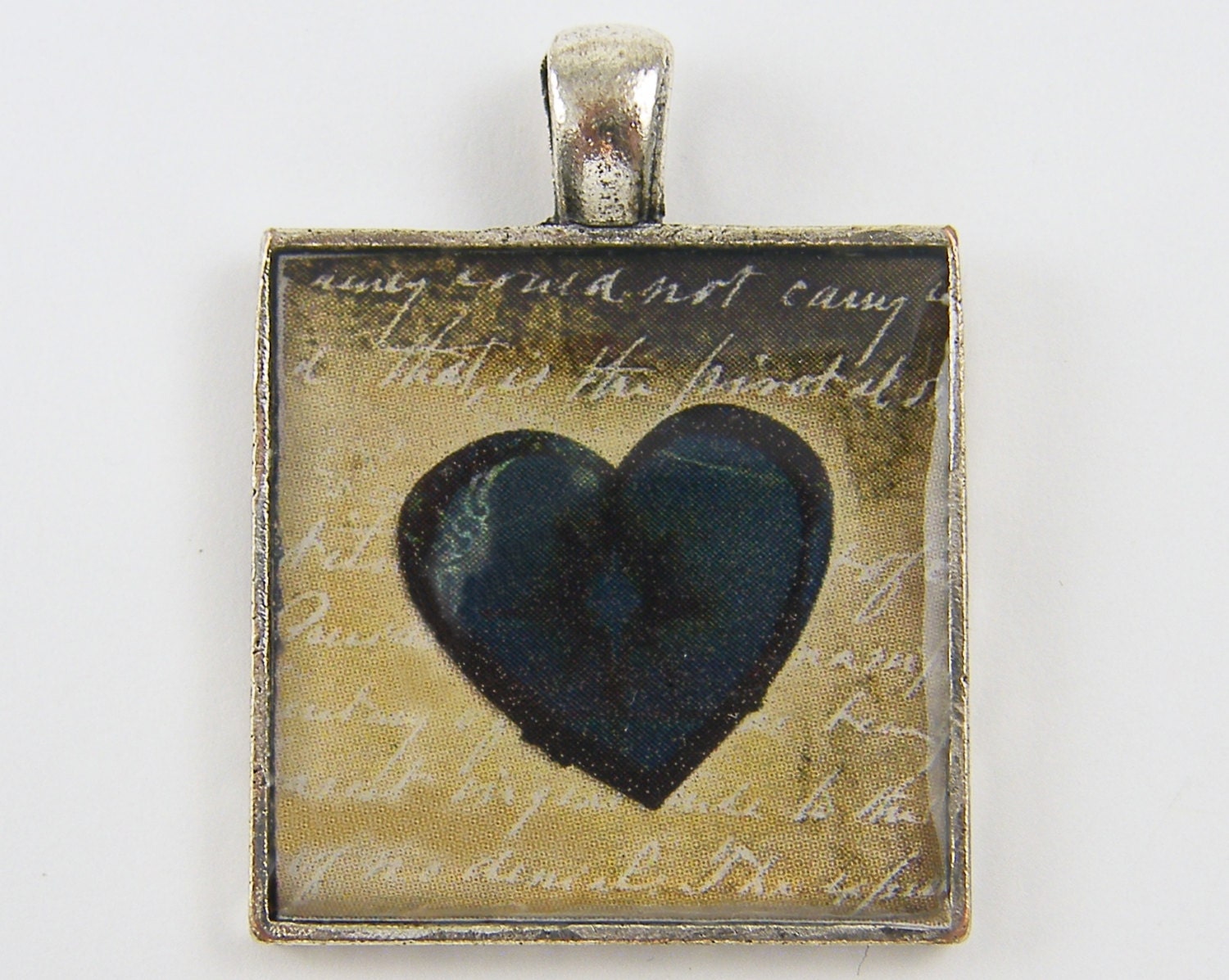 Heart Pendant - Dark Heart Collage Art Silver Jewelry Charm