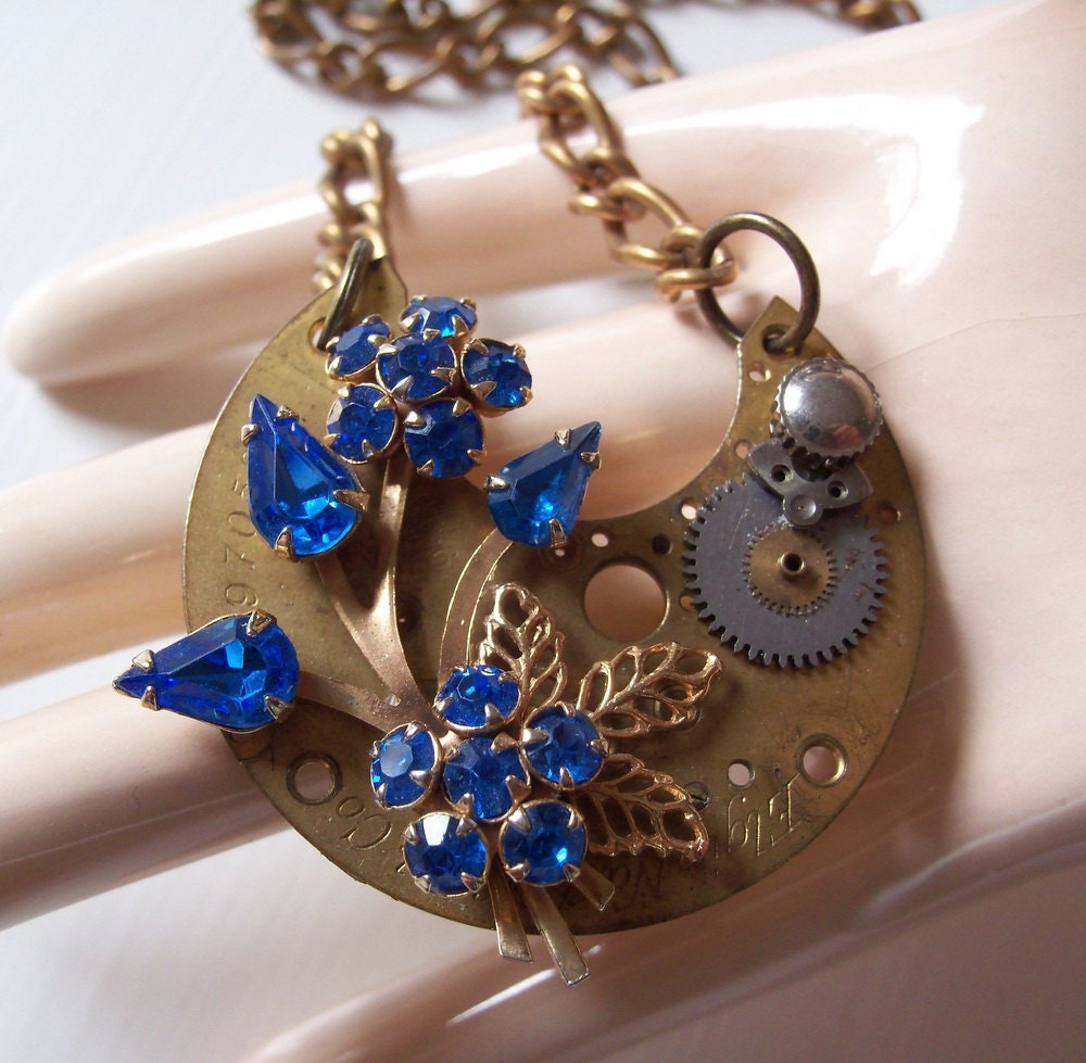 Steampunk Victorian Collage Necklace - Upcycled Repurposed Vintage Flower Brooch And Watch Parts - OOAK