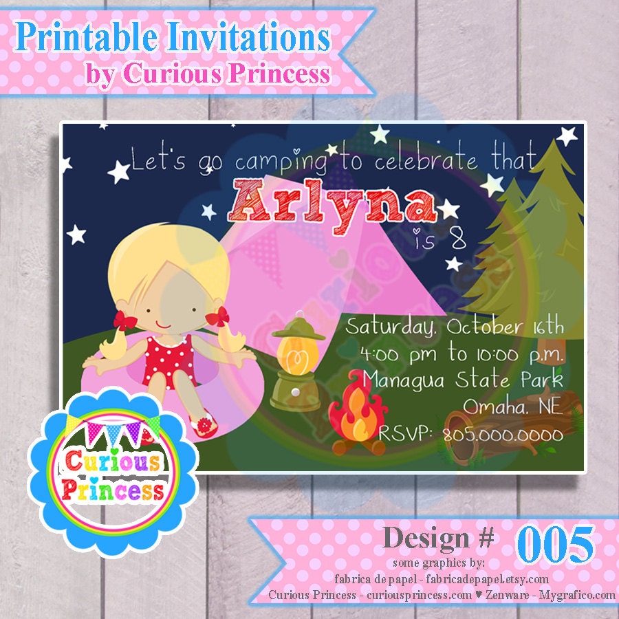 005 camping girl invitations or thank you cards 4x6 smore party camp tent night fire idea PRINTABLE DIGITAL file