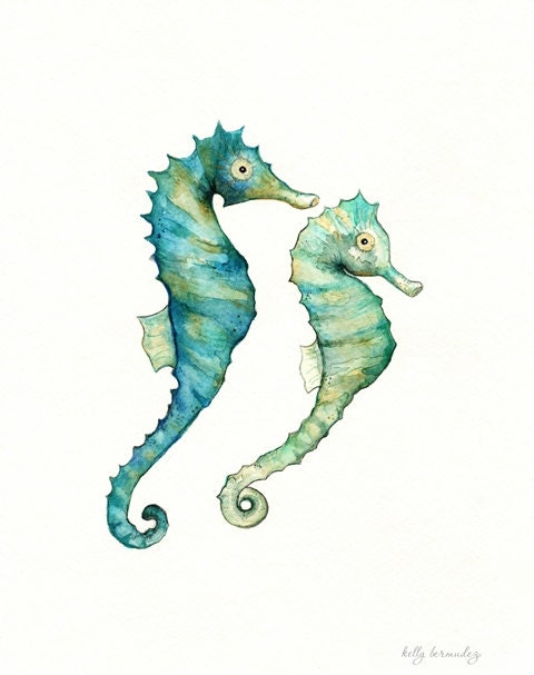 Seahorse Love /watercolor print/teal/light green/aqua/tan/sea/ocean life/ Archival Print