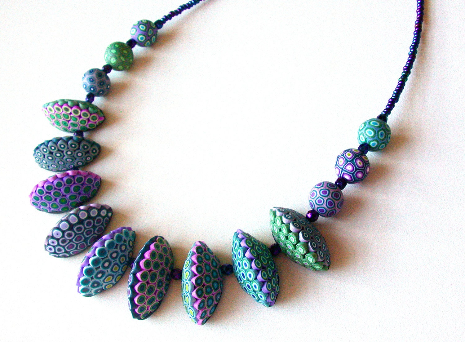 Polymer Clay Necklace Green Blue Violet.