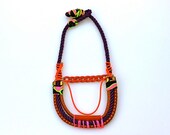 SALE: Tribal Collar Rope Necklace, Neon Statement Necklace with bungee cord, elastic and red chain OOAK