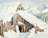 The Winter Barn print - snow white mountain antique neutral wood painting