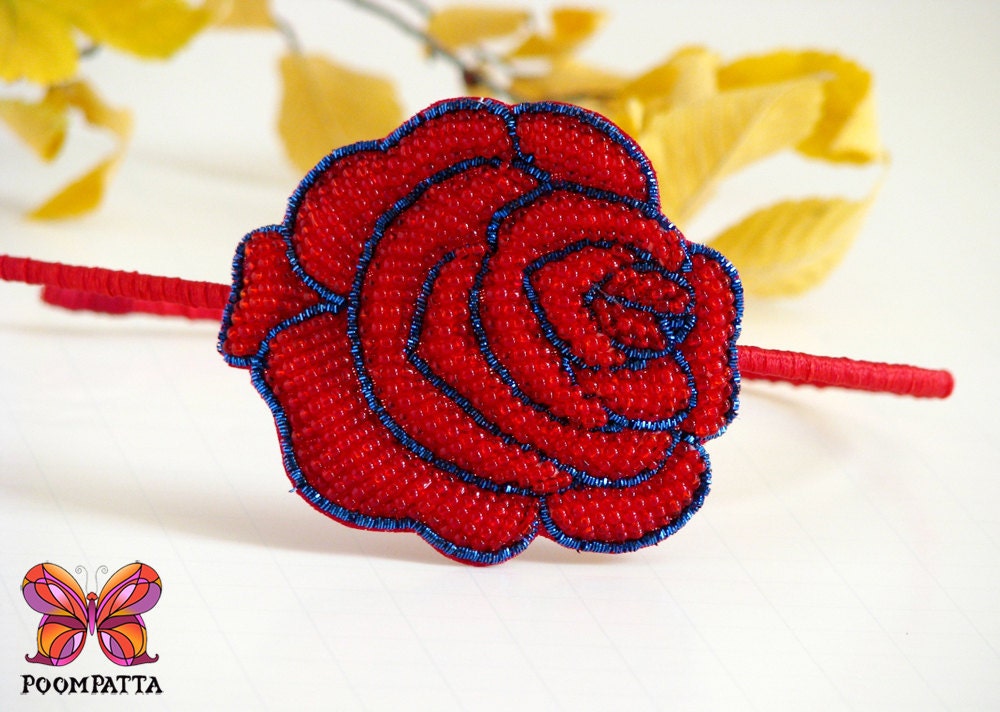 Headband-'RED ROSE'- beaded and zardosi headpiece-hair accessory