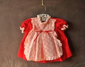 red velvet baby dress, size 12 months, with white lace bib overlay, matching bloomers - LaDiDottie