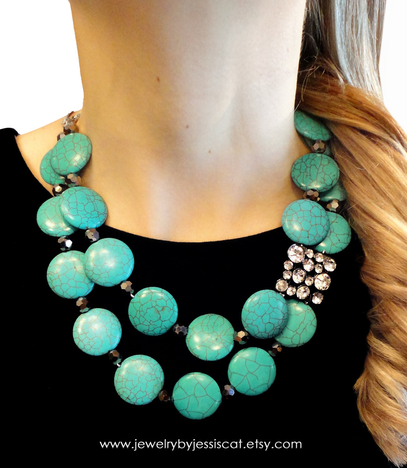 VINTAGE STATEMENT NECKLACE, Gemstone, Turquoise, Necklace, Aqua, Blue, Broach, Bold, Chunky, Genuine, Sparkle, Jewelry by Jessica Theresa