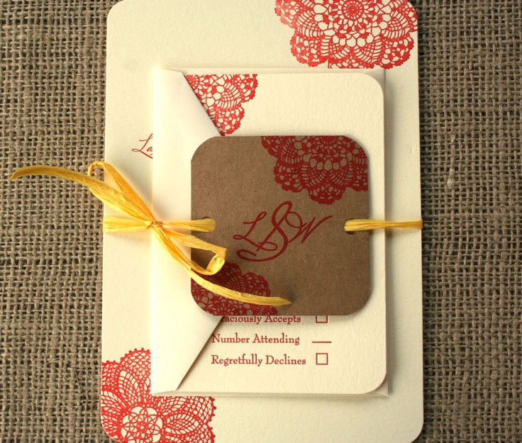 Vintage Lace Letterpress Invitation: Red on Cream Luxurious Paper, Kraft Monogram Tag
