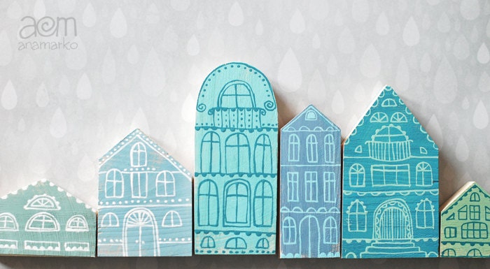 Hand painted wooden village, miniature village, hand painted house, wood block toy house, little wooden house, decorative miniature house