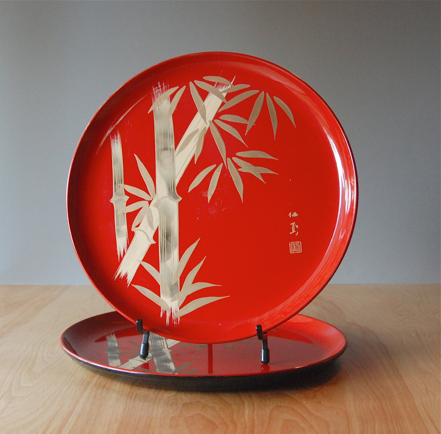 2 Vintage Lacquerware Trays - Bamboo in Gold on Red