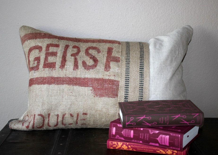 Burlap Coffee sack pillow cover with jute and linen