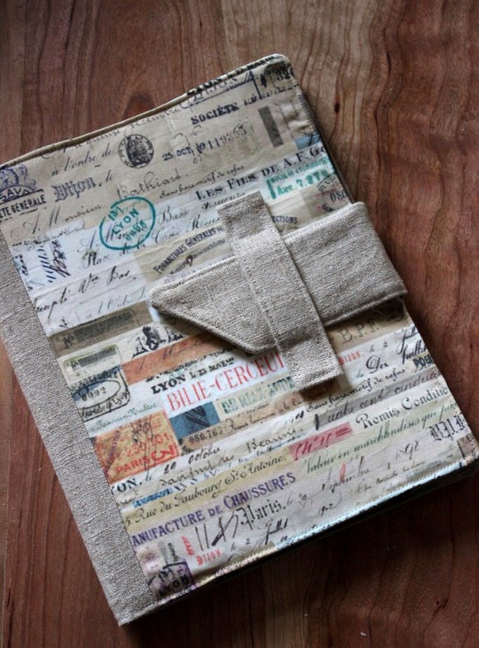 iPad cover with vintage French scripts print and built-in folding stand