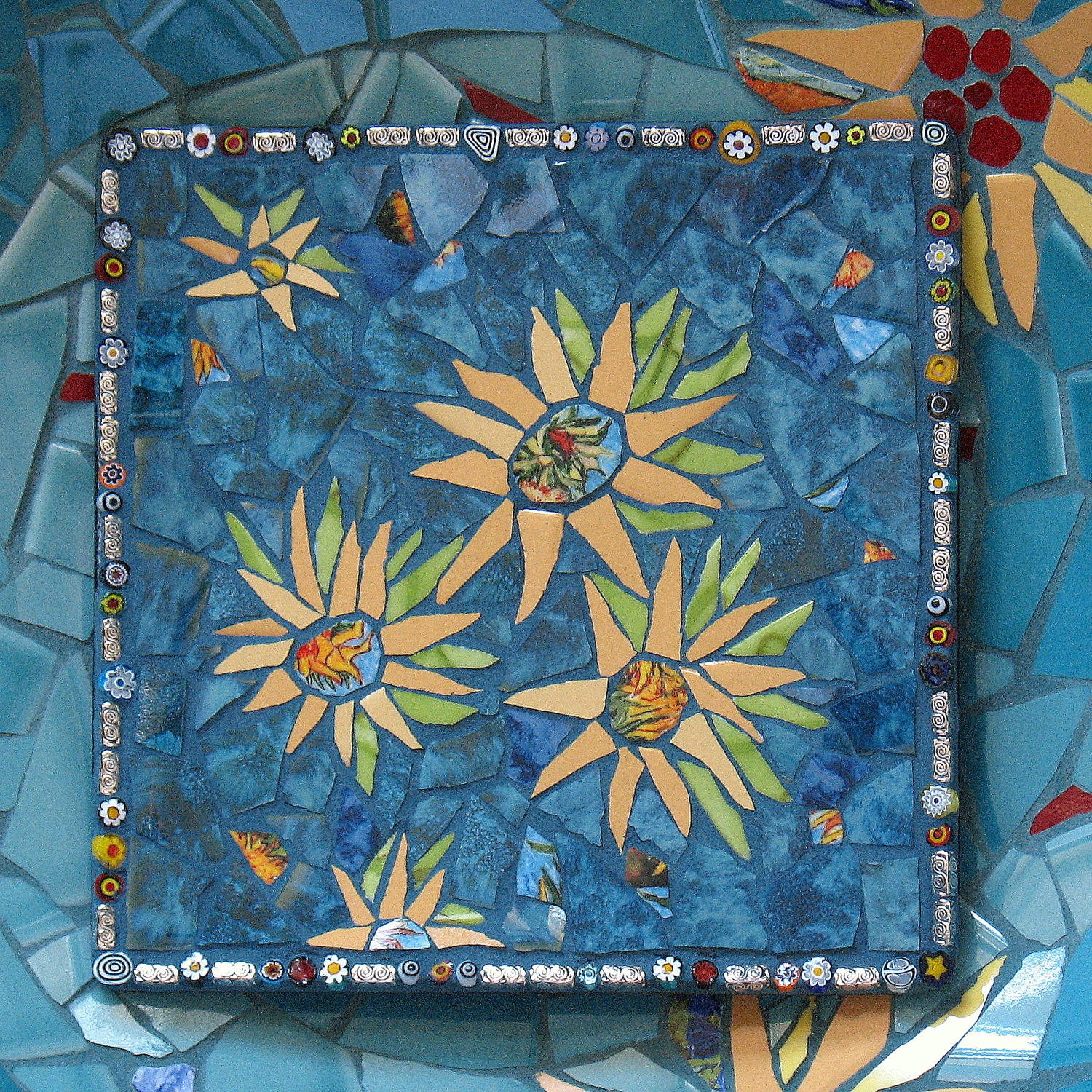 Mosaic Plate - Van Gogh Sunflowers - Teal