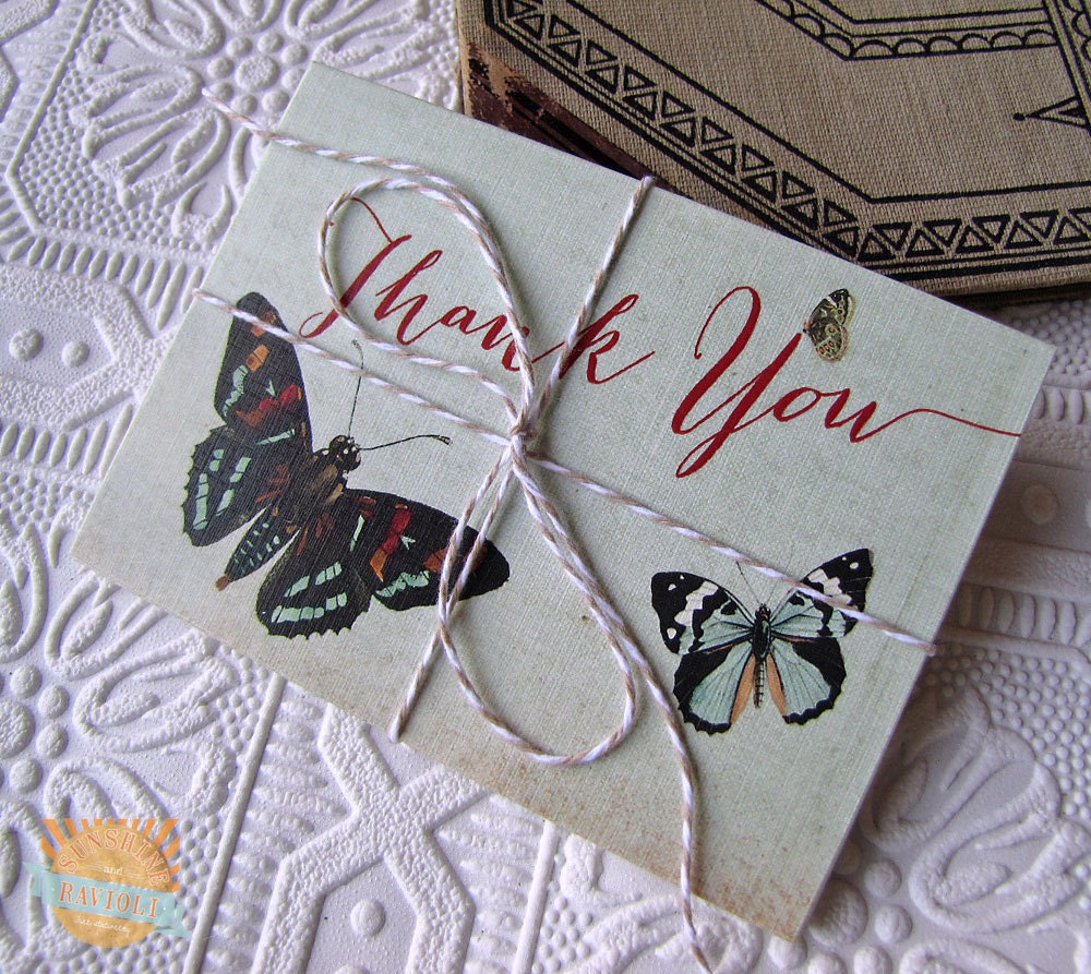 Vintage Botanical Butterfly Thank You Notes set of 20