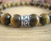 Mens Celtic Bracelet - Tiger Eye Bracelet with Silver Celtic Design Bead, Black and Golden Stone, Simple Bracelet, Protection SS13