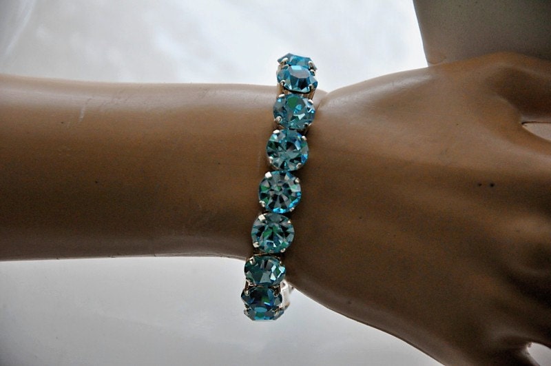 Swarovski Crystal AQUAMARINE Stretch Bracelet, Estate,Tennis Bracelet,Old Hollywood,Bangle Style,Silver Plated VIOLA