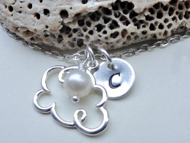 Cloud & hand stamped initial necklace, Whimsical, Personalized bridesmaid jewelry, Sterling silver letter charm, cloud jewelry, everyday