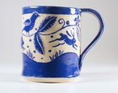 MUG Running Bunnies Sgraffito Carved Design on Stoneware Pottery Rabbits