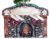 Rock Fireplace Christmas ornament four stockings personalized with your choice of names and a phrase or a family name on mantel