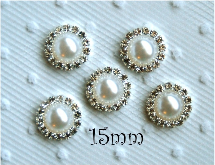 5 Metal Pearl Rhinestone Buttons Flatback (005)- 15mm