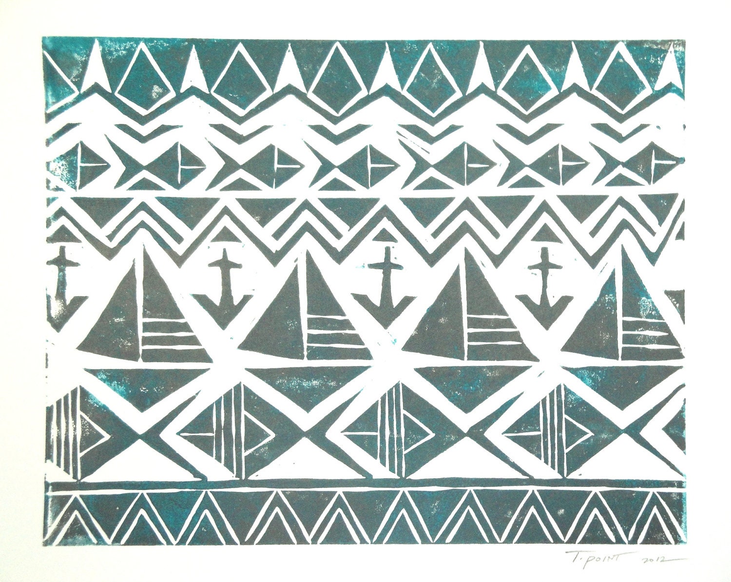 SALE Abstract Geometric Nautical Boats, Anchors, Fish Art Block Print 8 x 10 Home Decor / Pewter, Turquoise / Hand Pulled Linocut / Kids