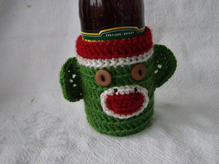 READY TO SHIP Christmas theme Sock Monkey Beer Soda Bottle Cozy Green Red