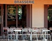Paris Photograph - Bistro Chairs at Brasserie, Fine Art Photo, Cafe Home Decor, Kitchen Wall Art