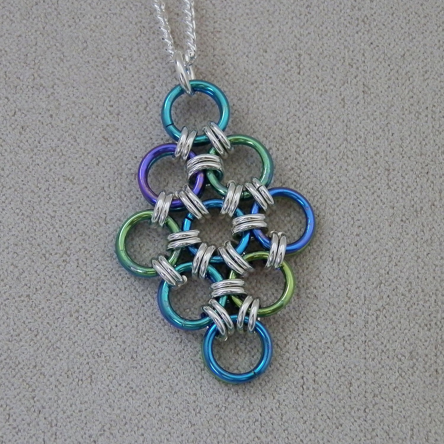 Necklace, Sterling Silver and Ocean Chainmaille, Japanese 12 in 2 Weave, Diamond Pendant, Handmade by Lace Metal on Etsy