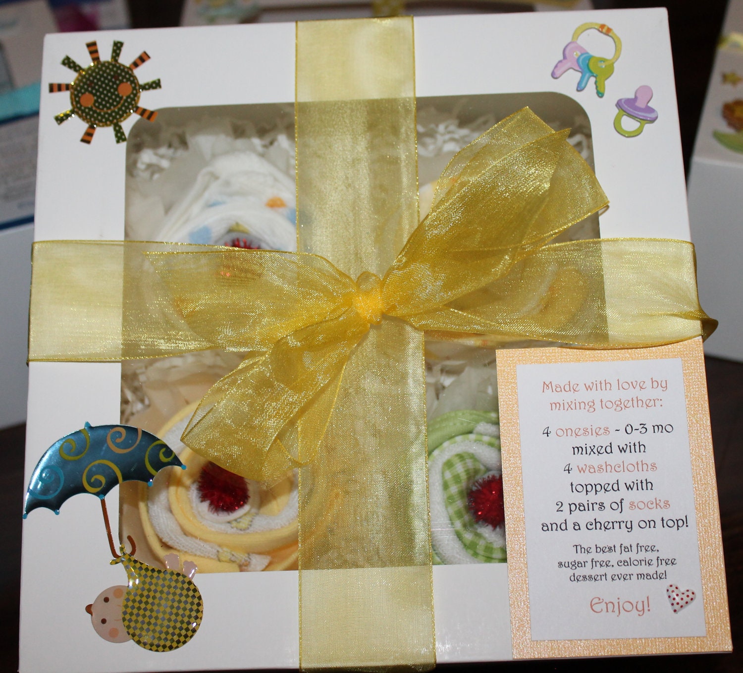 Neutral Cupcake Onesies Gift Set Includes 4 Onesies, 4 Washcloths, & 2 Pairs of Socks for a Baby Girl or Boy