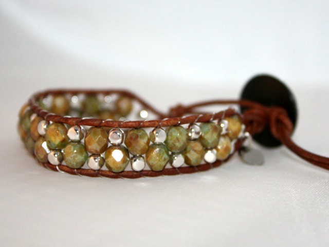Leather wrap bracelet - beaded wrap bracelet - olive glass beads- chan luu - alternating weave pattern