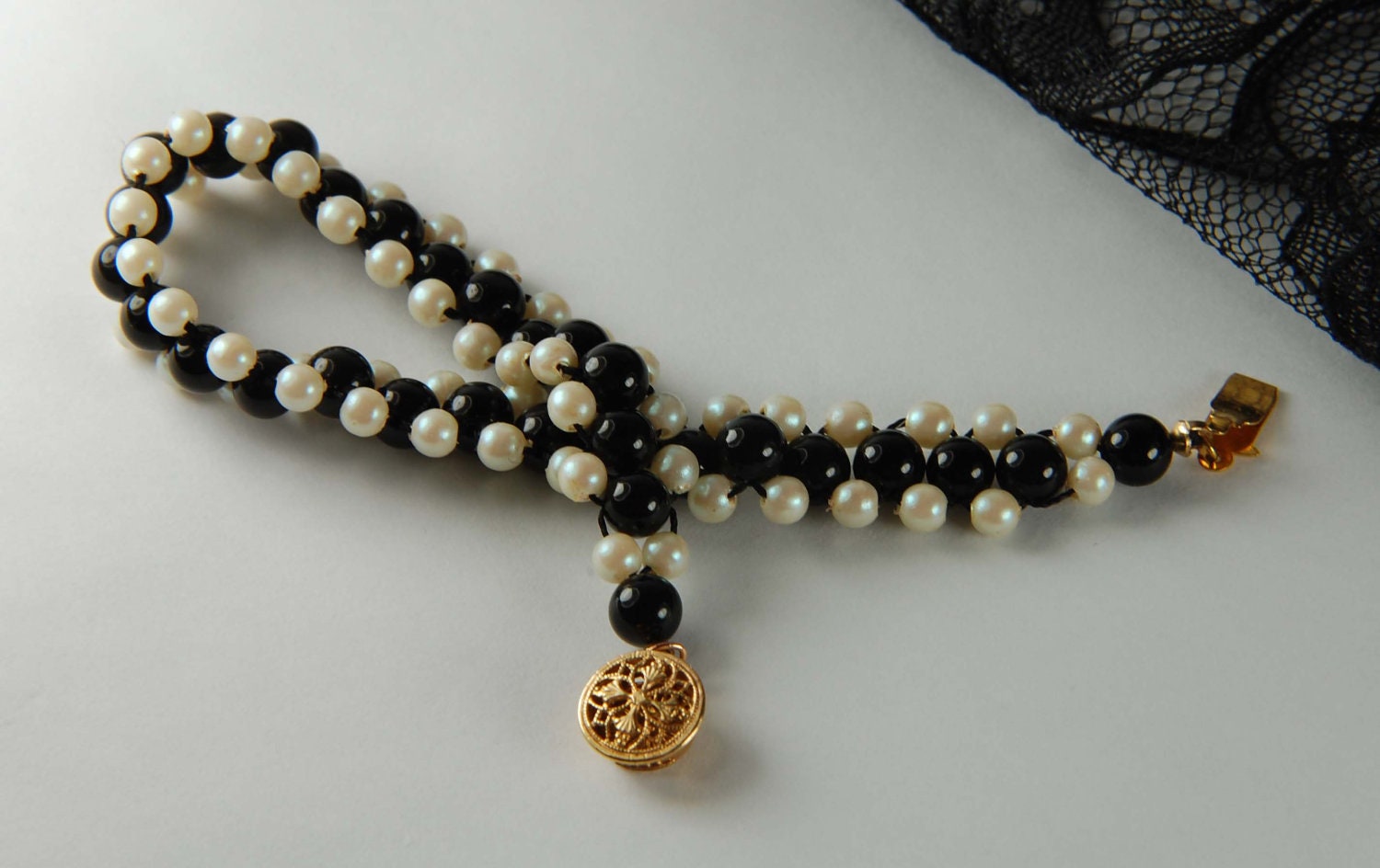 Black Onyx and Vintage Pearl Woven Bracelet with Gold Filigree Clasp, romantic gifts, gifts for her, mother's day gifts, bridal jewelry